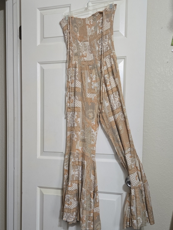 Storia Pants - Storia Beige & White Patchwork Smocked Jumpsuit with Flared Legs